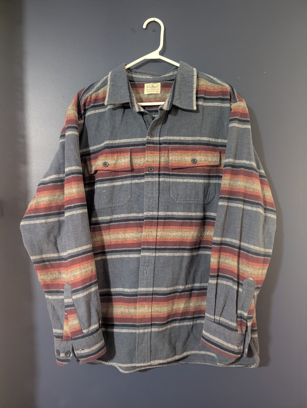 L.L. Bean Men’s Striped Shirt Jacket in Gray, Blue, Red & Cream - Size XXL